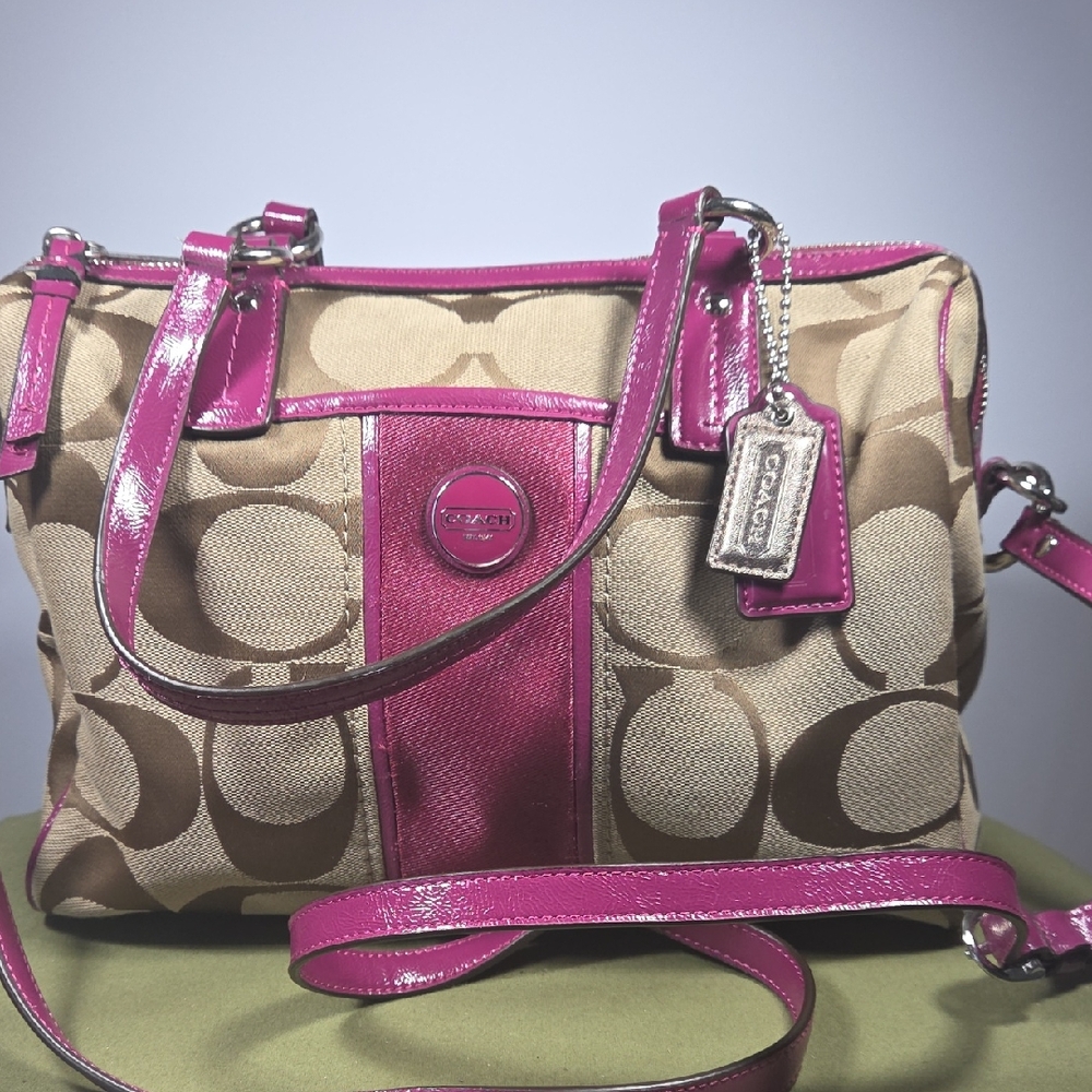 Coach Pink and Tan Crossbody Bag with Signature Monogram